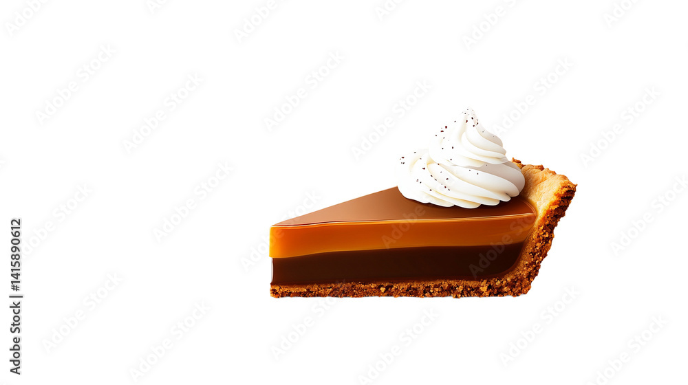 Poster slice of layered pie is presented with whipped cream topping and a golden crust against a dark backg