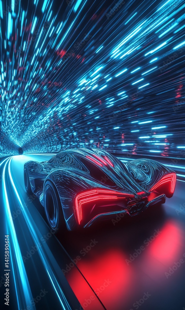 Aufkleber futuristic car accelerates through a luminous blue tunnel, leaving vibrant light trails in its wake,