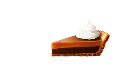 Slice of layered pie is presented with whipped cream topping and a golden crust against a dark background.