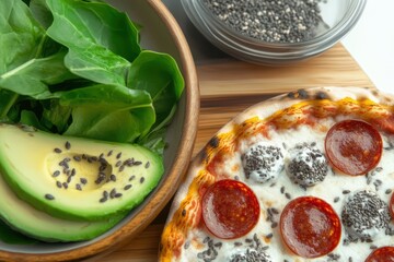 A healthy green salad with avocado and seeds, placed next to a slice of pizza with pepperoni