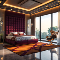 Inside a luxury hotel bedroom with bedside lamps and windows in a modern home design-