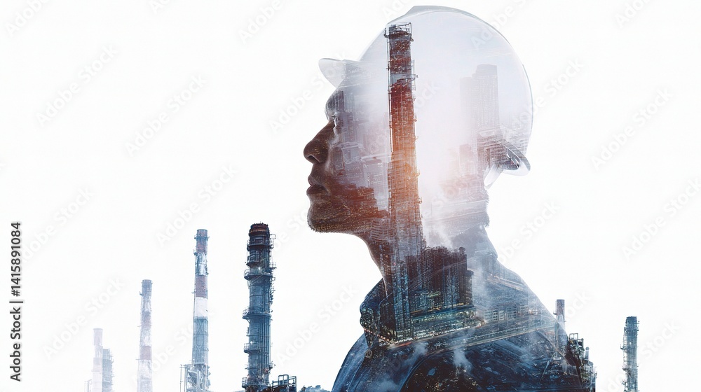 Poster double exposure of worker with factory chimneys in background