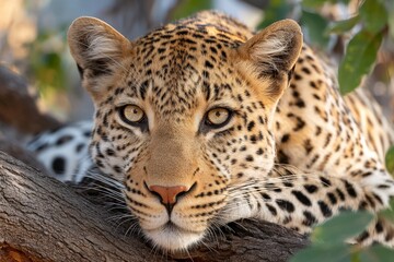 Fototapeta premium Leopard resting on a branch, showcasing its distinctive spots and keen gaze.