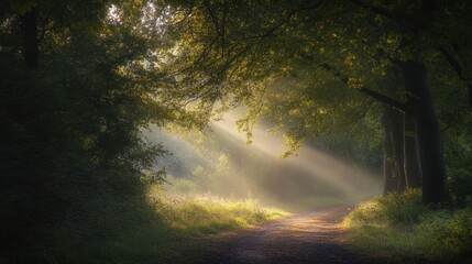 Obraz premium Sunlight Breaks Through Trees on a Peaceful Forest Path