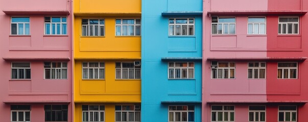 A vibrant, multicolored building facade showcasing yellow, pink, and blue sections with numerous windows, creating an eye-catching urban aesthetic.