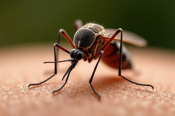 Fototapeta premium Ultra Macro View of Realistic Mosquito on Human Skin: Detailed Wings and Body Texture in Natural Lighting