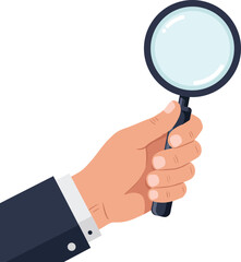 Human hand holding magnifying glass with blue lens detailed flat design vector illustration