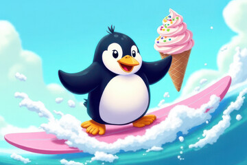 Naklejka premium Colorful Penguin Surfing Ice Cream Wave: Cheerful Kids Book Illustration of Dreamy Candy Surf Scene