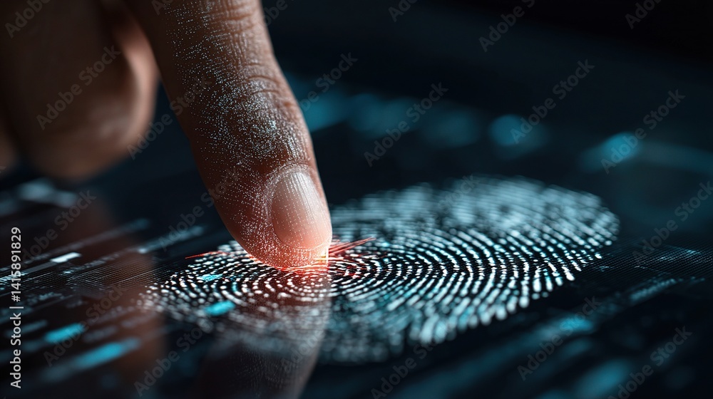 Poster security analyst working on encrypted system with fingerprint technology
