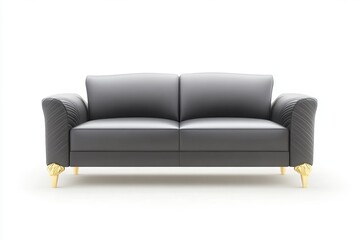 Elegant black sofa with gold accents on a minimalist white background
