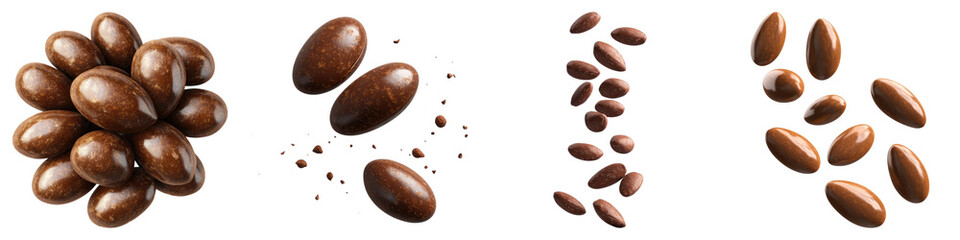 Chocolate covered almonds Isolated on transparent background. PNG , Set of