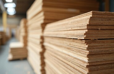 Stacks chipboard sheets in carpentry workshop. Plywood boards for construction, woodworking. Timber stacks in warehouse. Material for house building, furniture production. Manufacturing industry.