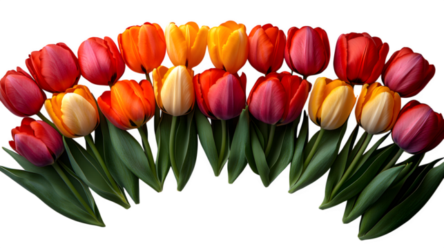 Circle arrangement of tulips forming a floral mandala, symmetrical layout, isolated on white background