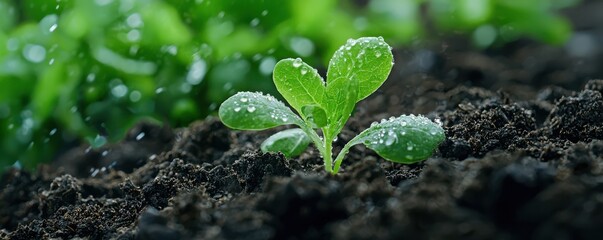 A vibrant green seedling emerges from dark soil, glistening with droplets of water, symbolizing growth and vitality in nature.
