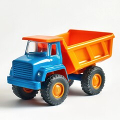 Toy dump truck, blue and orange, isolated on white background