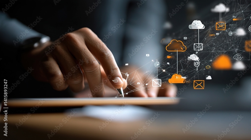 Poster man using stylus on tablet with overlaid data points and graphics