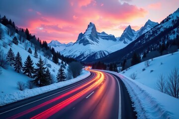 Icy Dolomites road at sunrise Long exposure captures car trails winding through snow-covered peaks , alpine, vehicle