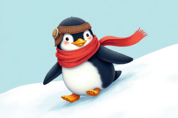 Whimsical Children's Book Illustration: Baby Penguin Slides Down Snowy Hill in Red Scarf & Aviator Goggles