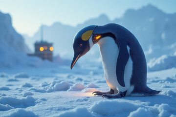 Naklejka premium High-Tech Robot Penguin Scans Icy Terrain Near Futuristic Arctic Station in Sci-Fi Rendering