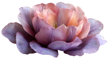 Close-up of a purple tulip with soft shadows and clear petal veining, isolated on white