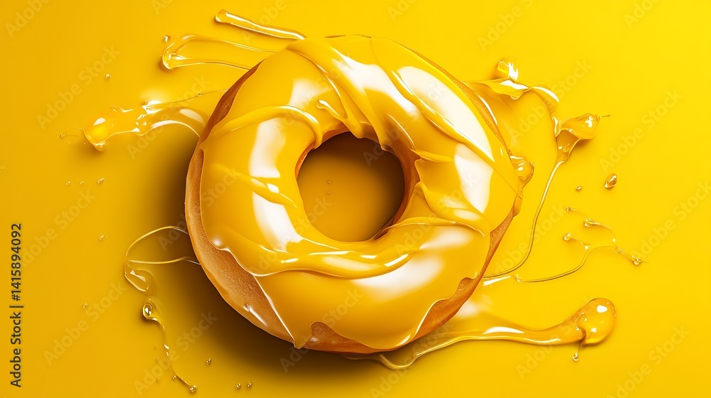 Poster a yellow donut is covered in dripping glaze on a matching yellow background, creating a sweet and vi
