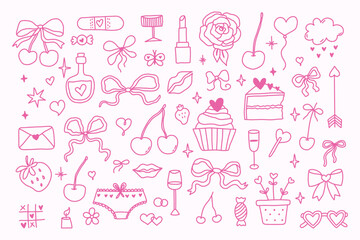 Pink Valentines Day doodle set on white background. Hand drawn hearts, bows, sweets, lollipops, cherries, and love notes. Cute girly line art for cards, stickers, invites, and decor. Whimsical art