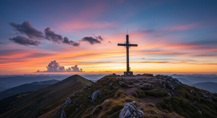 Sunset paints the mountain landscape with religious light across