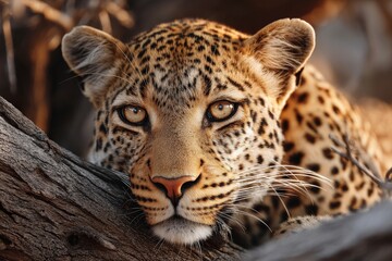 Fototapeta premium Leopard resting on a branch, showcasing its striking features and unique coat patterns.