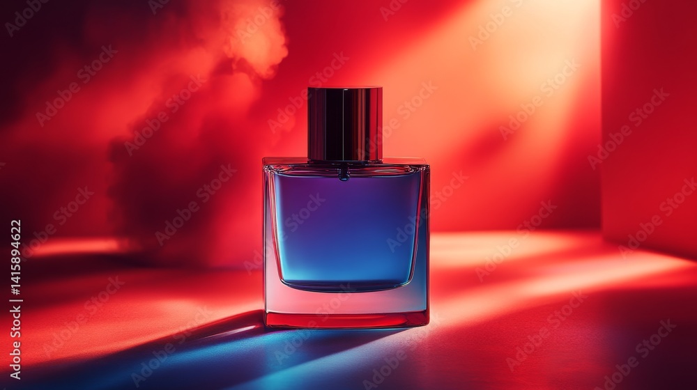 Poster Enchanting Perfume Captured in Vivid Red and Blue Lighting, Showcasing Elegance and Allure in a Captivating Display of Color and Form