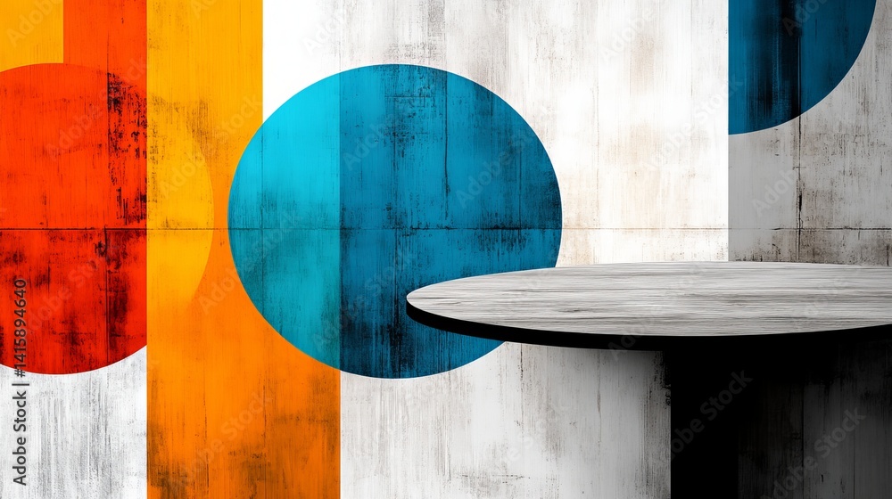 Poster abstract table stands in front of geometric shapes and distressed paneling, creating a visual displa