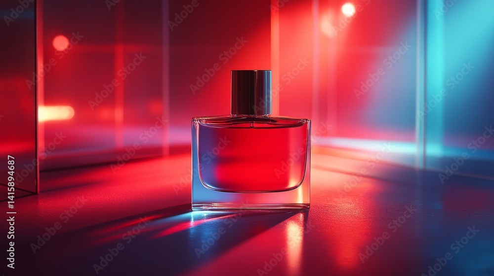Poster perfume elegantly displayed under captivating red and blue lights creating a vibrant atmosphere of a