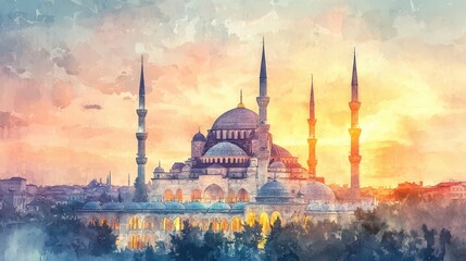 Obraz premium A watercolor painting of a mosque at sunset, with soft brush strokes capturing the calming beauty of the light and architecture