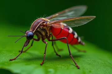 Close-Up of Blood-Filled Mosquito on Green Leaf: Hyper-Realistic Midjourney Render