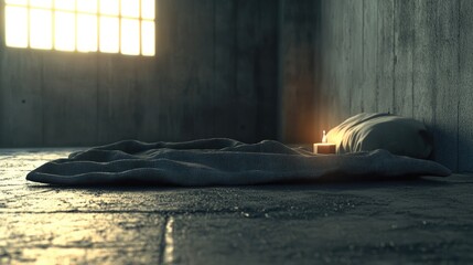 A single candle illuminates a simple resting place on a concrete floor.