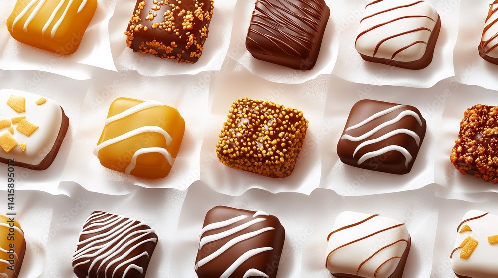 Poster assorted square chocolates are displayed in neat rows on pieces of folded white paper, creating a de