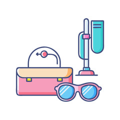 Summer essentials for a vacation trip including a bag, sunglasses, and sunscreen