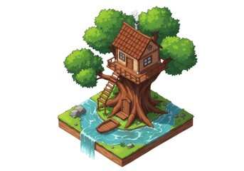 Isometric treehouse illustration with river and waterfall isolated on white background