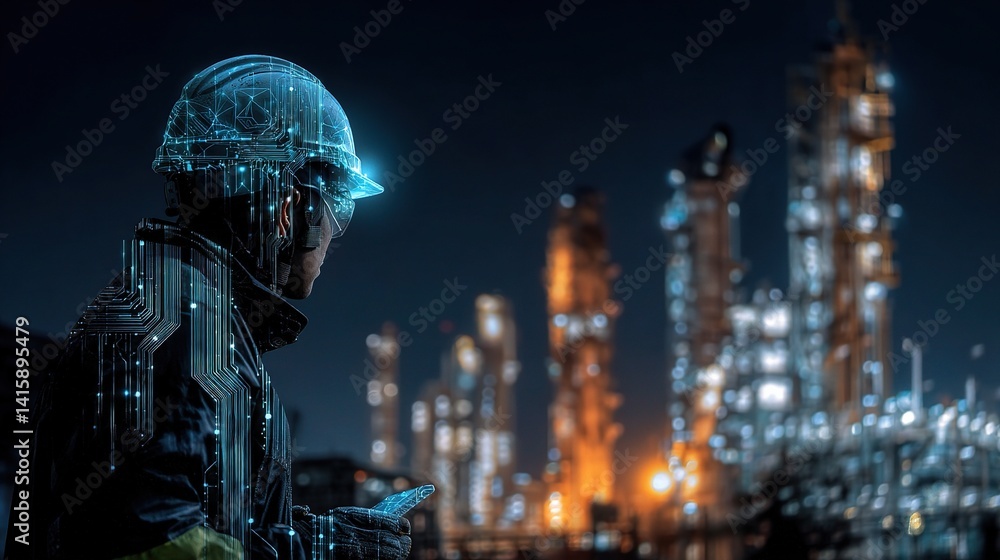 Poster night scene of smart factory automation with neon circuits and worker