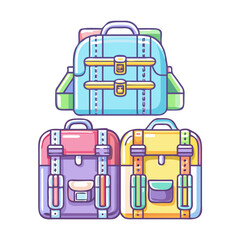 Three colorful, playful cartoon backpacks stacked on top of each other artfully arranged
