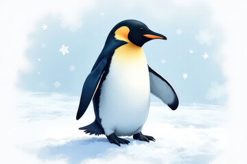 Obraz premium Dreamy Penguin Scene: Watercolor Pastel Colors, Abstract Snowflakes, Soft Textures, High-Detail Midjourney Illustration