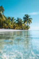 Obraz premium Idyllic beach paradise under bright midday sun with crystal clear waters and palm trees swaying in the breeze Generative AI