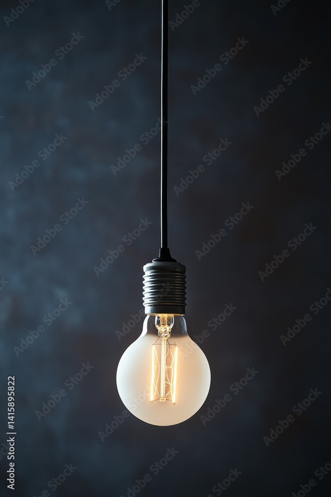 Poster modern white lightbulb hanging in a dark room creating an atmosphere of tranquility and minimalism