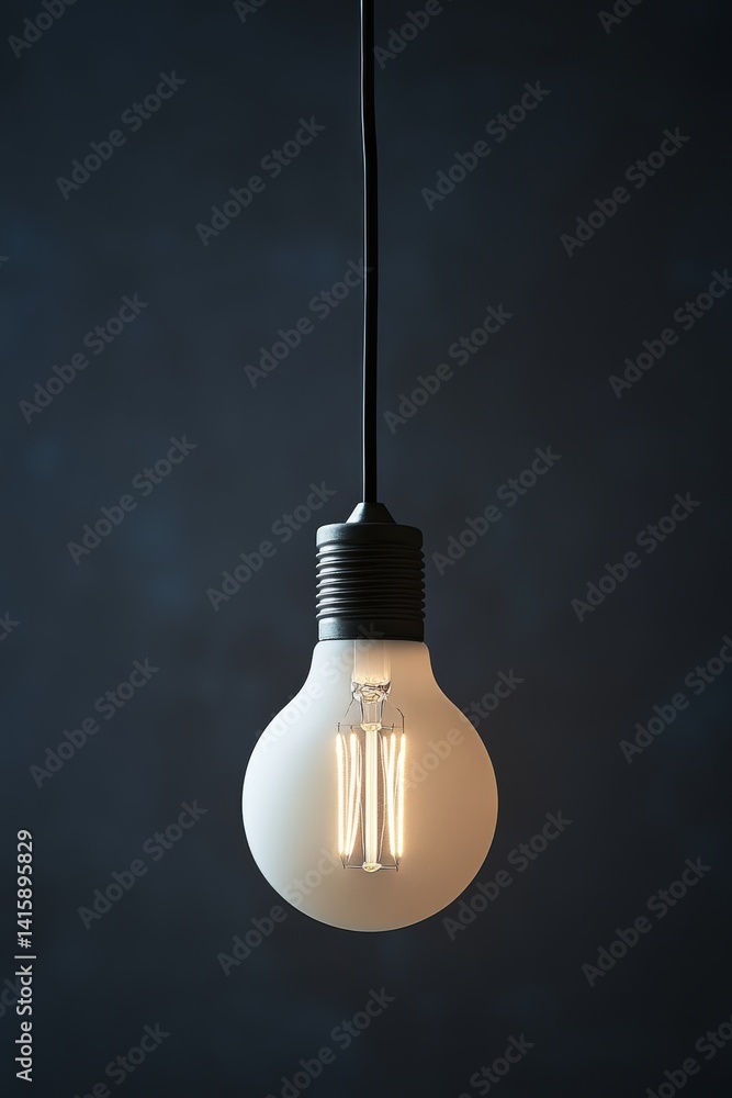 Aufkleber Modern Glowing Lightbulb in Pear Shape Hangs From the Ceiling Illuminating a Dark, Empty Space, Creating a Soothing Ambience for Any Artistic Studio