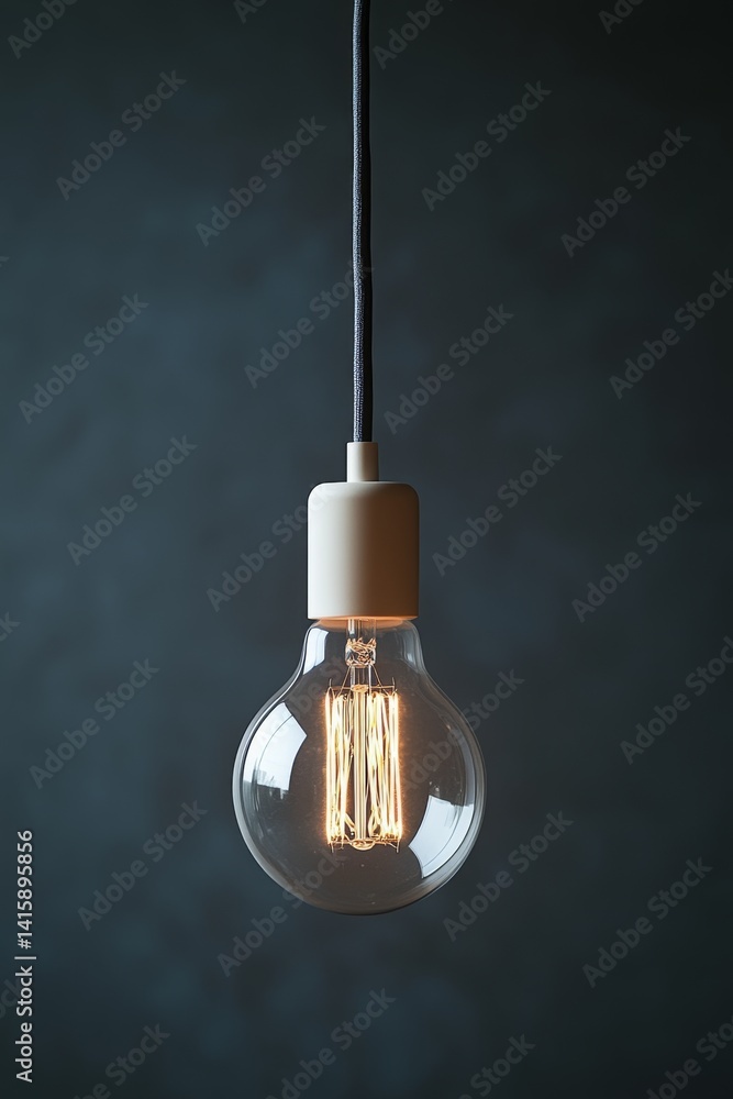 Poster modern hanging lightbulb illuminates a dark, minimalistic space, creating an atmosphere of tranquili