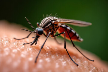 Fototapeta premium Close-Up Mosquito on Perspiring Skin: Hyper-Detailed Macro Realism
