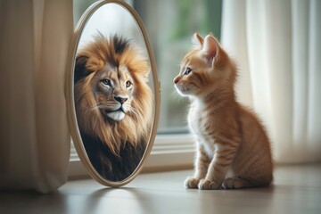 Reflection of Courage Captured in a Playful Kitten's Gaze, Juxtaposed With the Majestic Lion in the Mirror