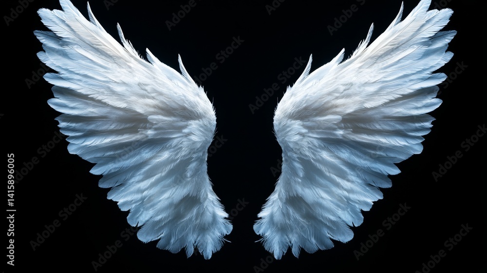 Poster beautiful angel wings showcased in ethereal splendor with intricate feather details and soft backlig