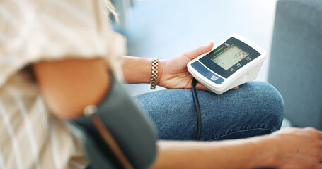 Person, measure or blood pressure machine with results for health exam, test or diagnosis at home....