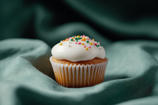 Macro shot of a small Easter cupcake with sugar glaze and colorful sprinkles on festive cloth with bunny embroidery perfect for holiday food branding and seasonal social media visuals - Powered by Adobe