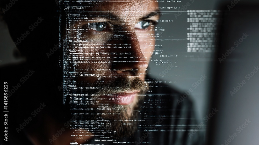 Poster focused male programmer with code overlay in a dark environment